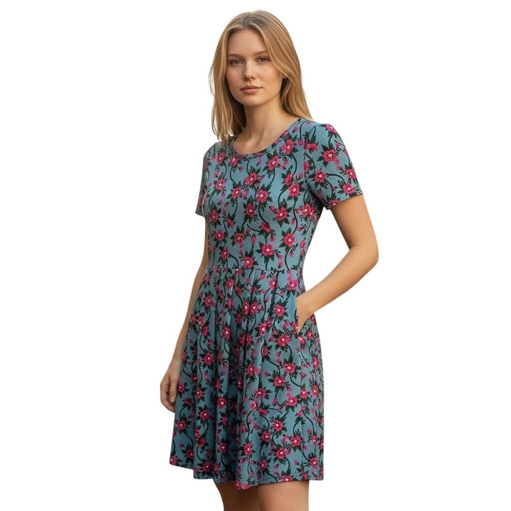LuLaRoe Amelia Women's XS Dress Floral Print A-Line Dress Pleated Pockets
